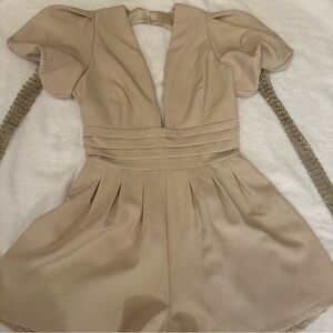 Blithe LA Tan Romper S Open Back Rhinestone Sleeves Deep V Neck Sexy NWT $64.99